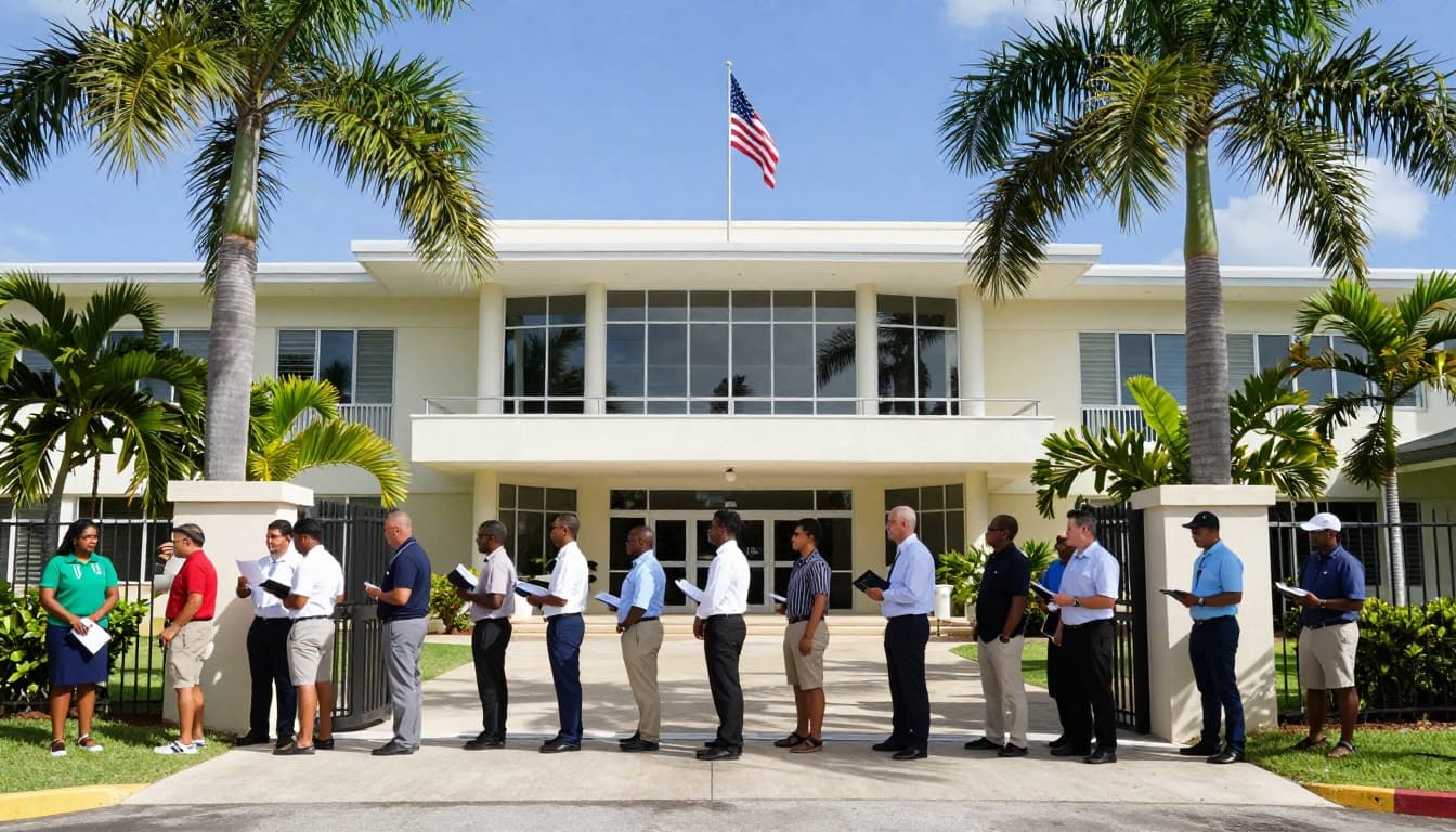 Realistic photo of the U.S. Embassy in Nassau, Bahamas, with diverse visa applicants waiting in line amid palm trees and the American flag under a clear blue sky.