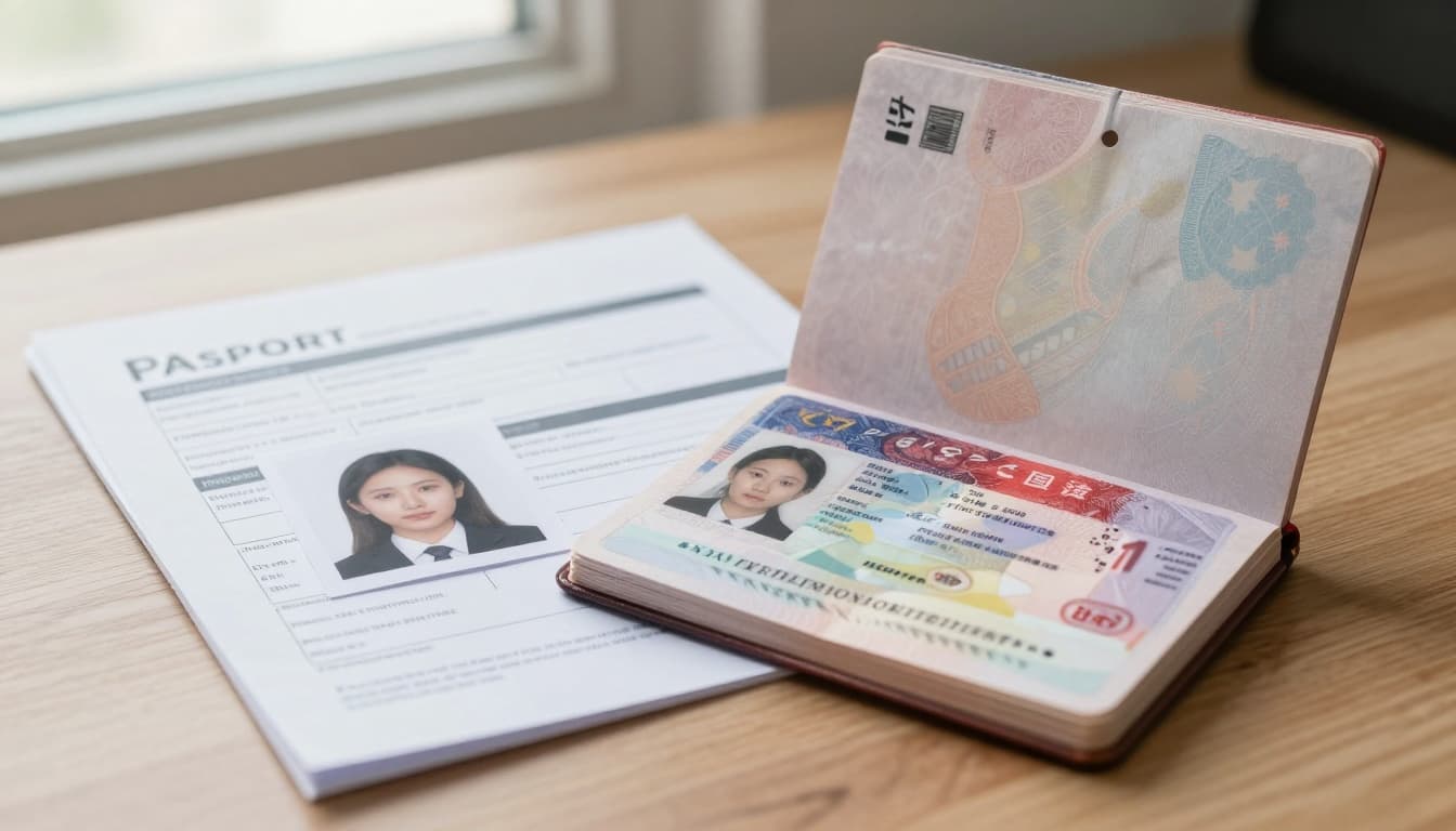Close-up of an open US passport displaying a red China tourist visa sticker on a wooden desk next to required documents including a passport photo, visa form, and info page copy. Soft natural lighting highlights textures in this realistic, detailed photograph.