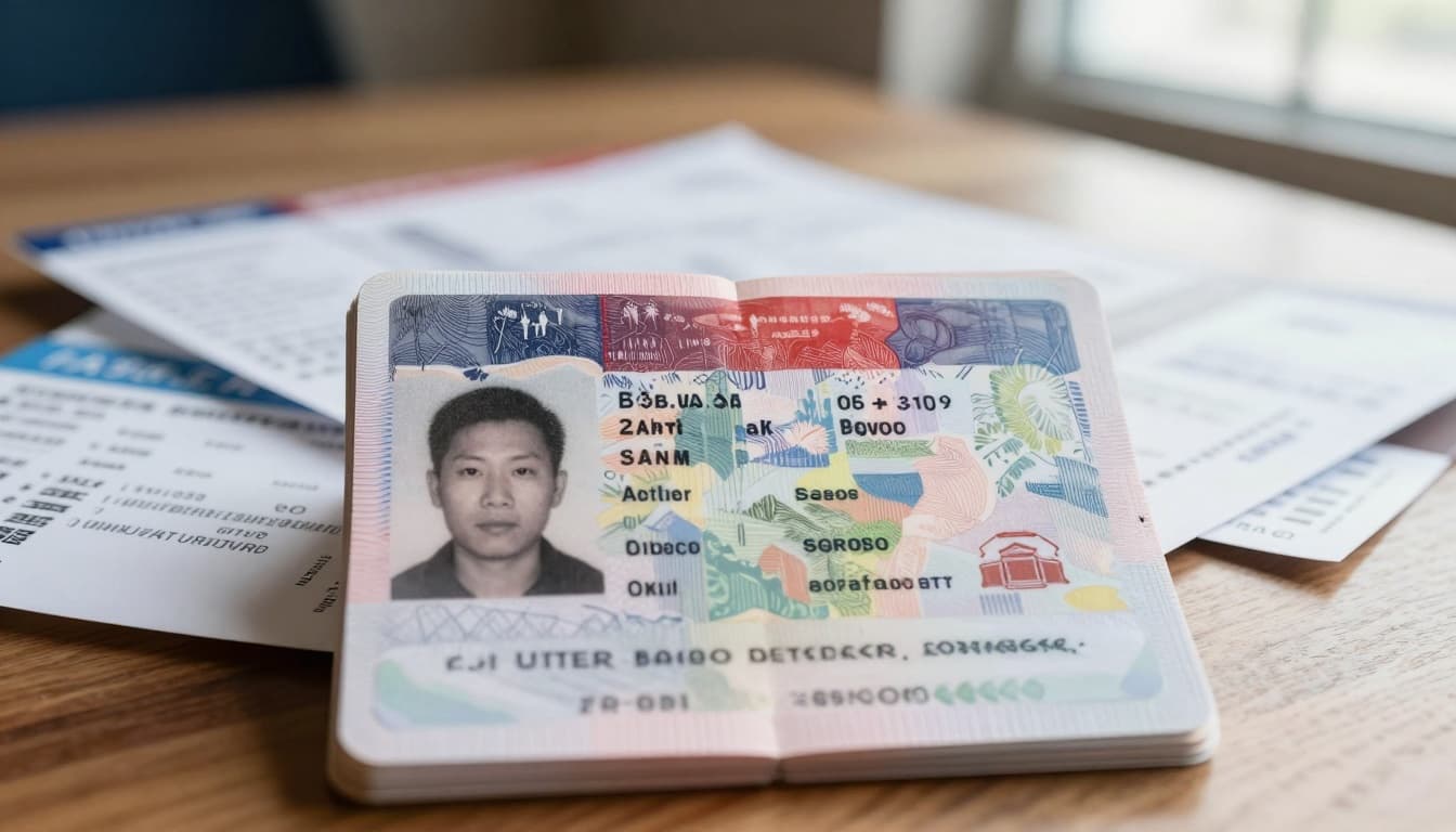 China Visa Application Form Online Apply Guide | COVA for US 5 Realistic close-up of an open U.S. passport displaying a colorful Chinese tourist L visa sticker, on a wooden desk with travel documents like flight tickets and hotel bookings, softly lit by natural window light.