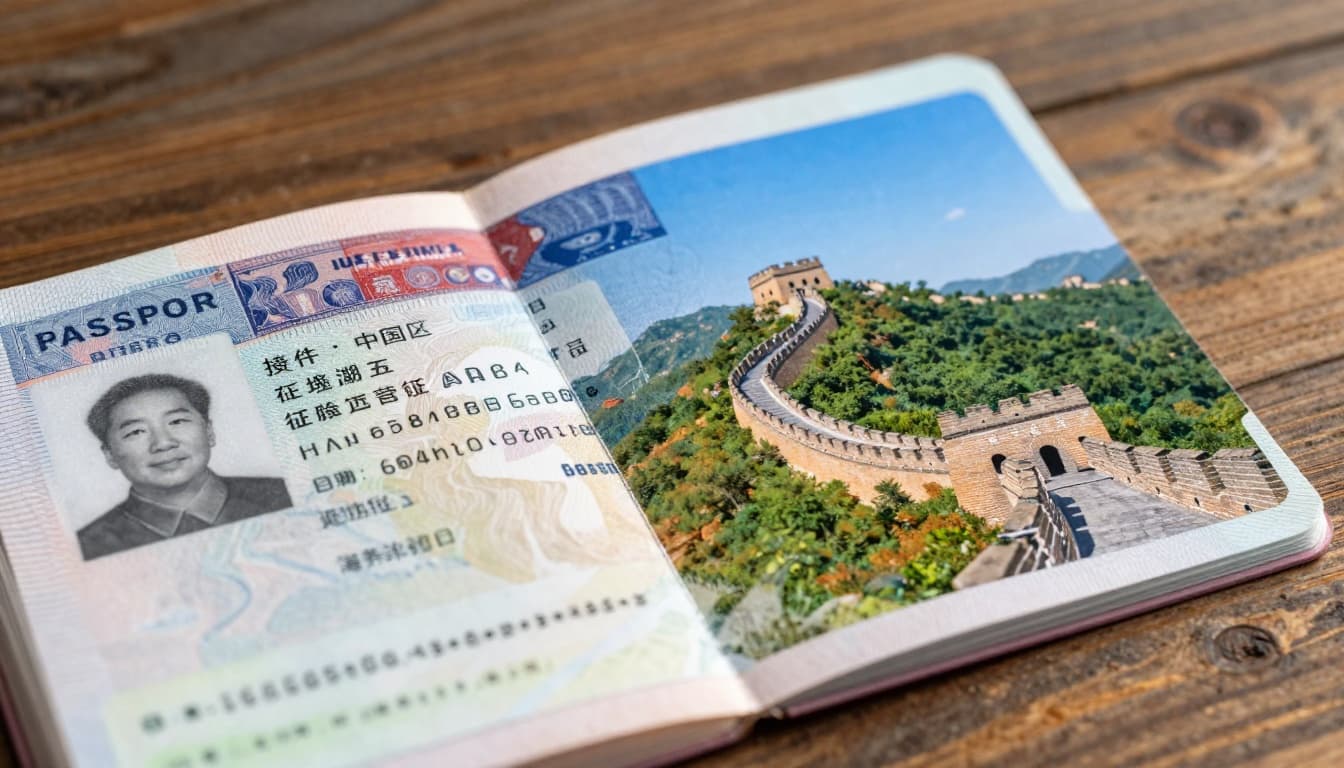 Visa to China for US Citizens, Rules & Fees (2026) 2 A realistic close-up of an open US passport showing a fresh Chinese tourist visa stamp next to a vibrant Great Wall of China photograph on a rustic wooden table.
