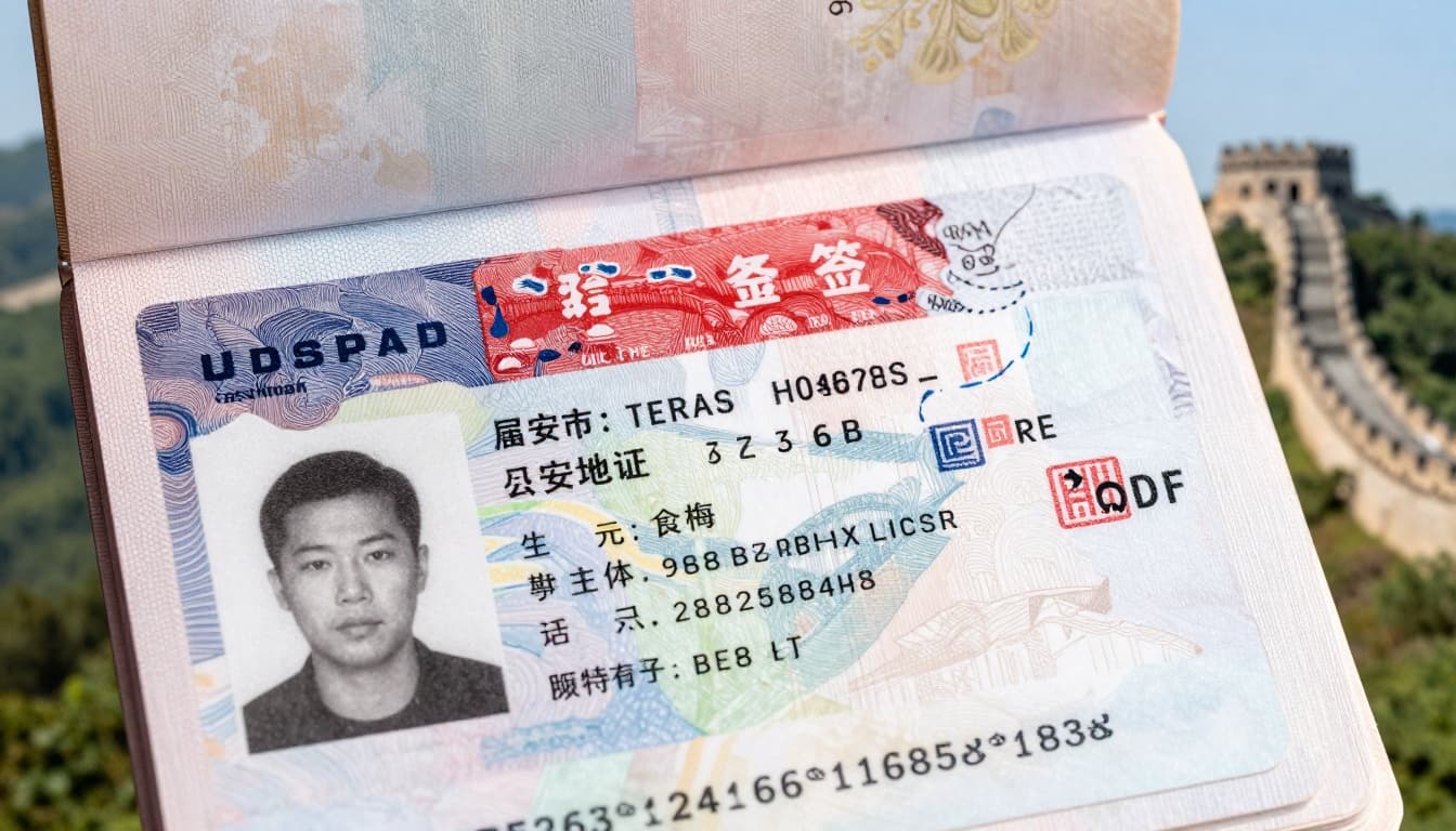 A close-up view of a US passport open to a page with a freshly stamped Chinese tourist visa, showing the red visa sticker with details like validity dates and multiple entries option. The background features subtle elements of Chinese landmarks like the Great Wall in soft focus.