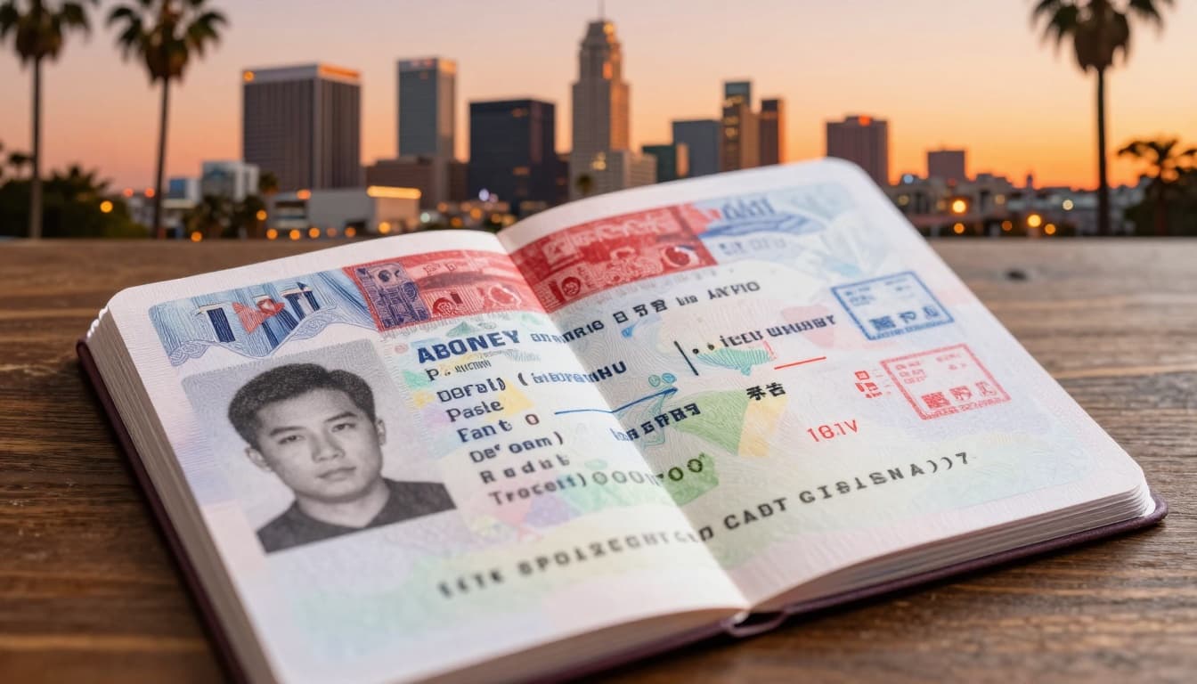 Chinese Visa Service Los Angeles 2026: Costs & Steps 2 A realistic close-up of an open US passport showing a fresh Chinese tourist visa stamp on a wooden table, with the Los Angeles skyline at sunset in the background.