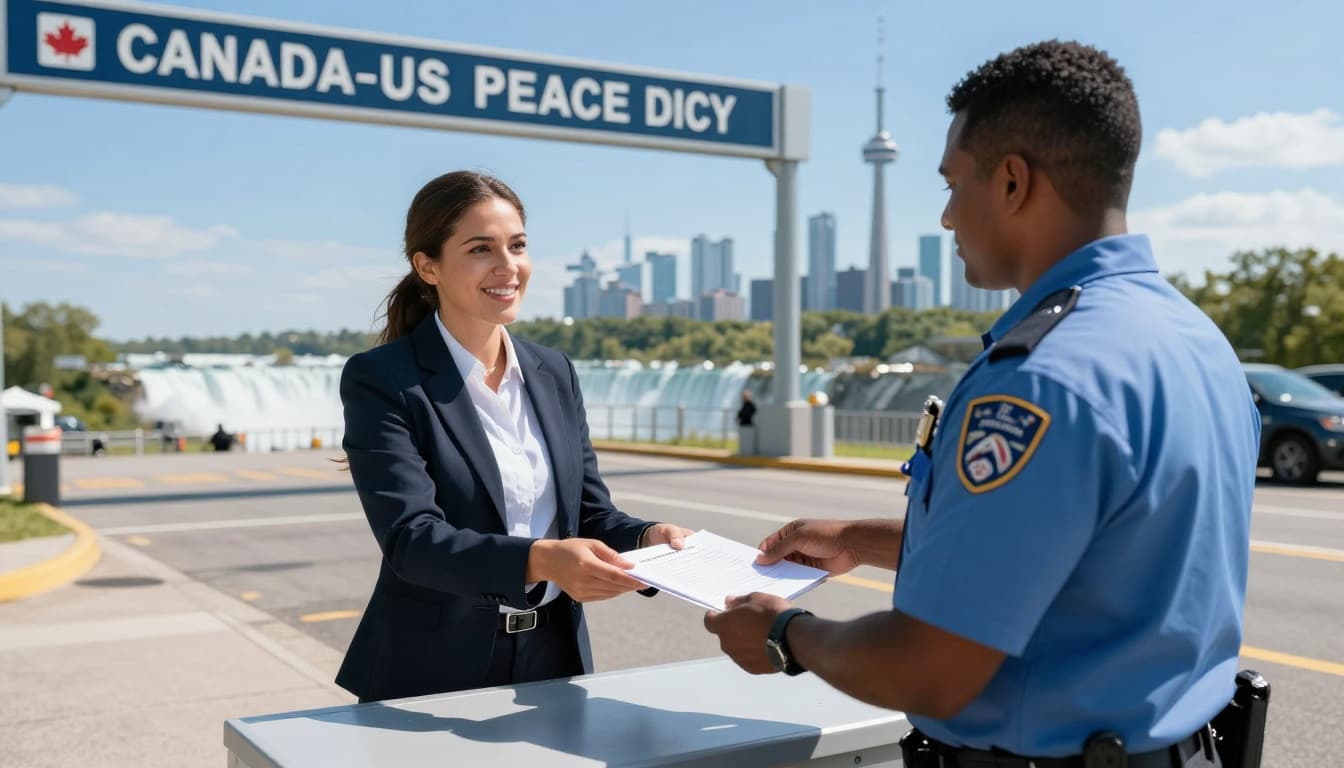 A confident US citizen professional in business attire standing at the Canadian-US border crossing like the Peace Bridge, handing documents to a friendly border officer, with Niagara Falls and Toronto skyline visible in the background under a clear blue sky.