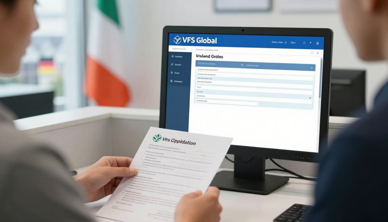 Ireland Visa Application from Germany: 2026 Complete Guide 3 A detailed landscape image showing a person in a modern VFS Global visa application center in Germany, submitting documents at the counter with Ireland visa forms visible on screen. Background includes Irish flag and German cityscape outside window, professional and organized atmosphere, bright natural lighting, realistic style.