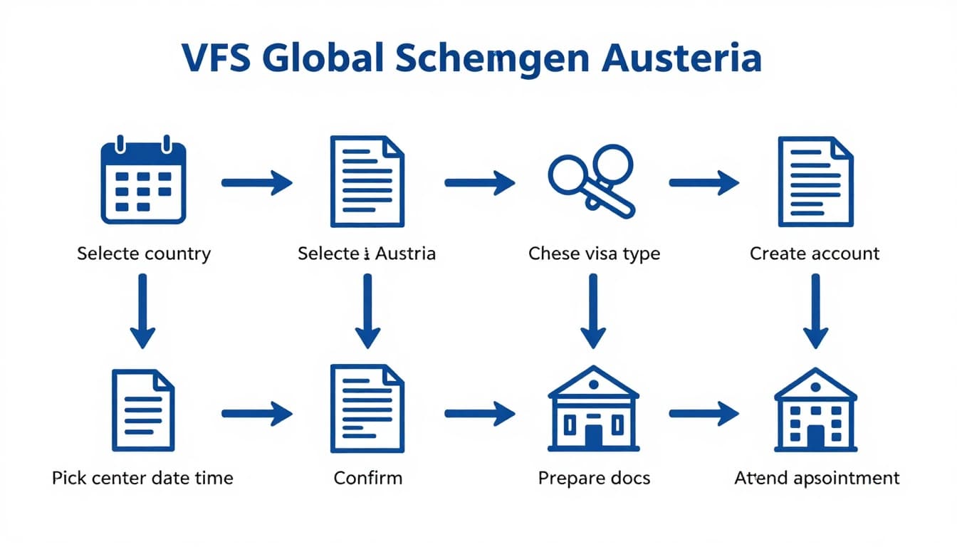 A clean, professional flowchart illustrating the 8-step process to book a VFS Global appointment for a Schengen visa to Austria, featuring simple icons, modern blue and white infographic style.