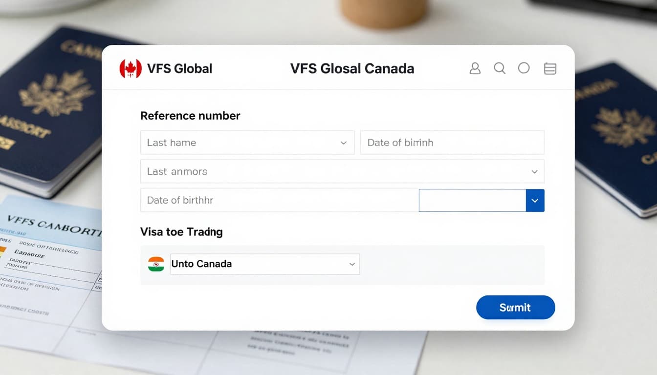 A clean, realistic screenshot-style image of the VFS Global visa application tracking webpage form for Canada visas, featuring input fields for reference number, last name, date of birth, captcha box, country dropdown set to India, visa type Canada, and submit button on a bright office desk background with passport and receipt.