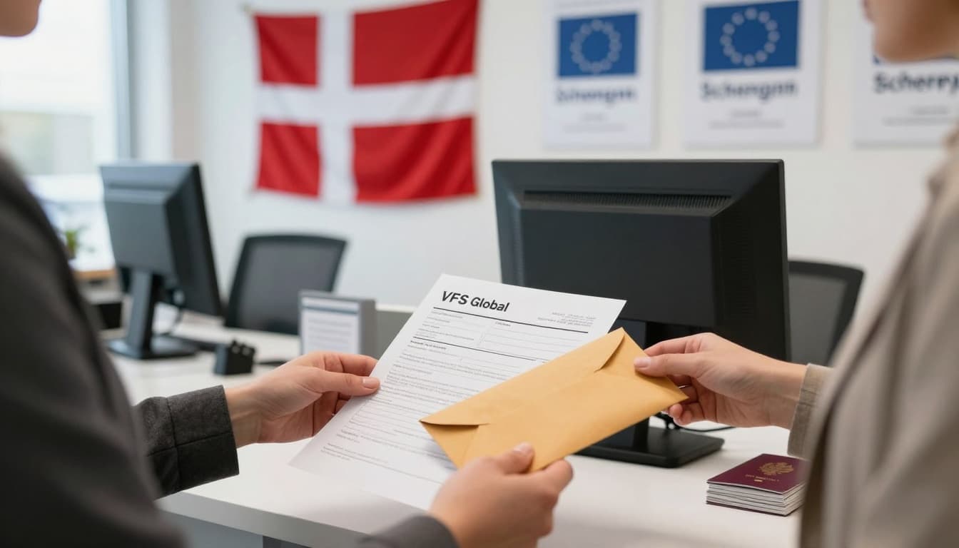 A professional dressed in business casual hands over visa application documents at a VFS Global counter in a modern visa center, with Danish flag and Schengen posters in the background, stacks of passports, and bright natural light.