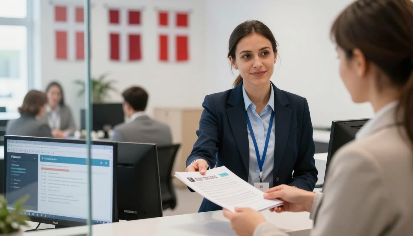 A businessperson in office attire hands a stack of documents to a receptionist at the VFS Global visa application counter, with Danish flags and a modern office in the background, including a waiting area.
