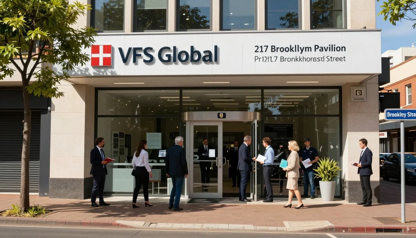 Photorealistic image of the VFS Global Denmark visa application centre entrance at Brooklyn Pavilion, 217 Bronkhorst Street, Nieuw Muckleneuk, Pretoria, South Africa. Features modern facade with signage, people entering, sunny urban setting with trees and security.