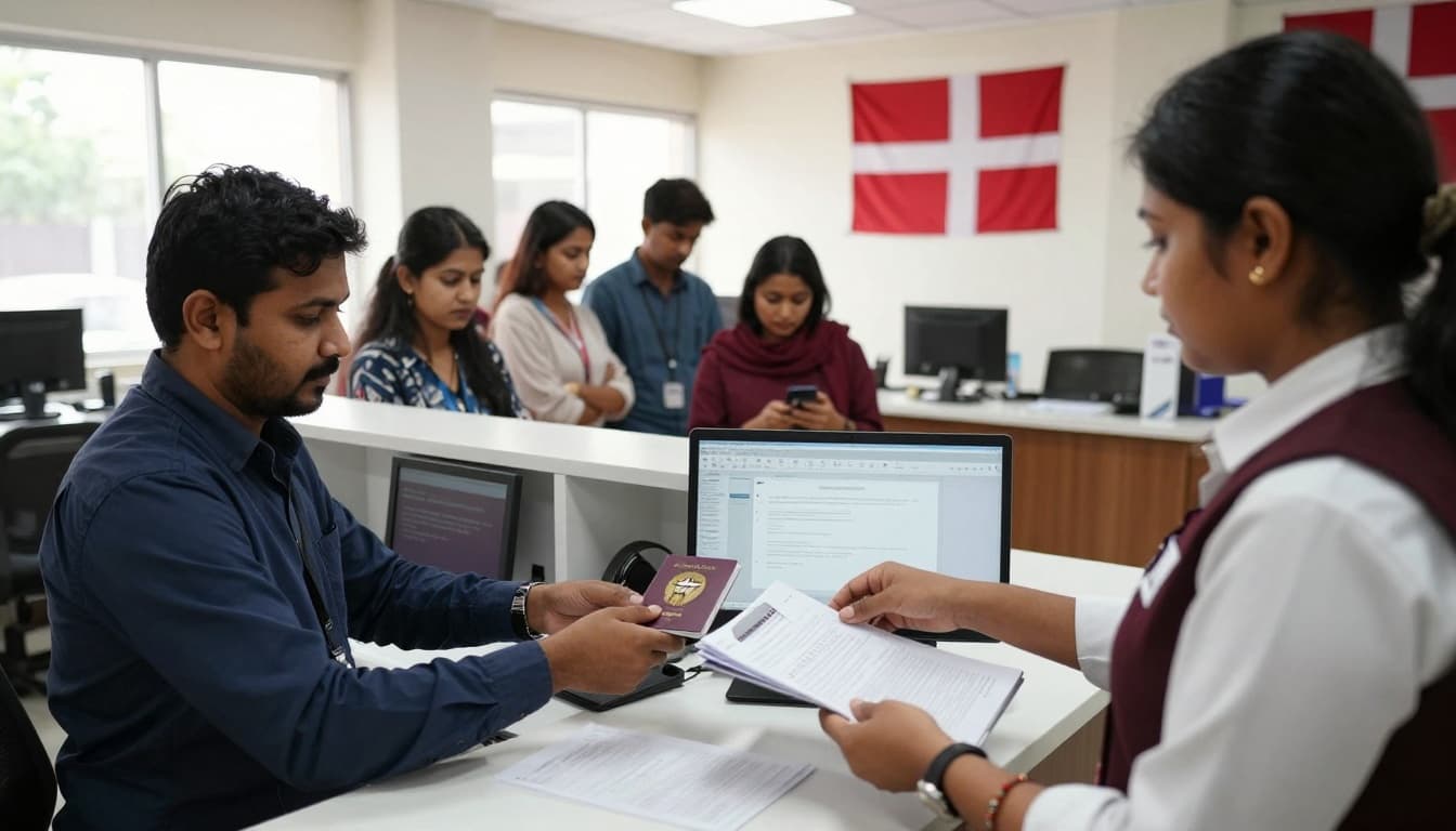 Denmark Visa Application from Bangladesh: VFS Dhaka Steps 2 Photorealistic scene inside VFS Global visa application center in Dhaka, Bangladesh, showing a person submitting passport and documents at the counter to staff, with applicants queuing behind in a modern office with Danish and Schengen flags.