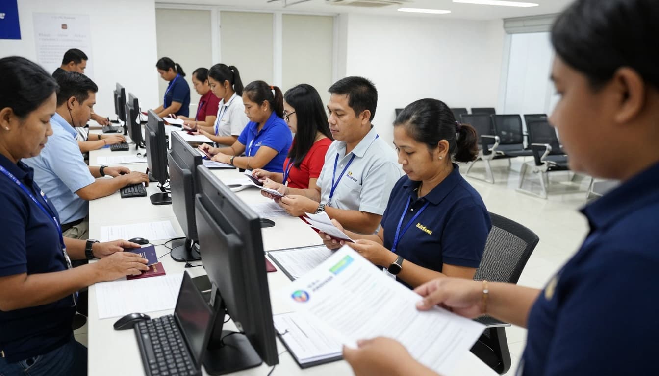A busy visa application center in Manila, Philippines, with Filipino applicants queuing to submit Schengen visa documents for Austria at the VFS Global counter in a modern office.