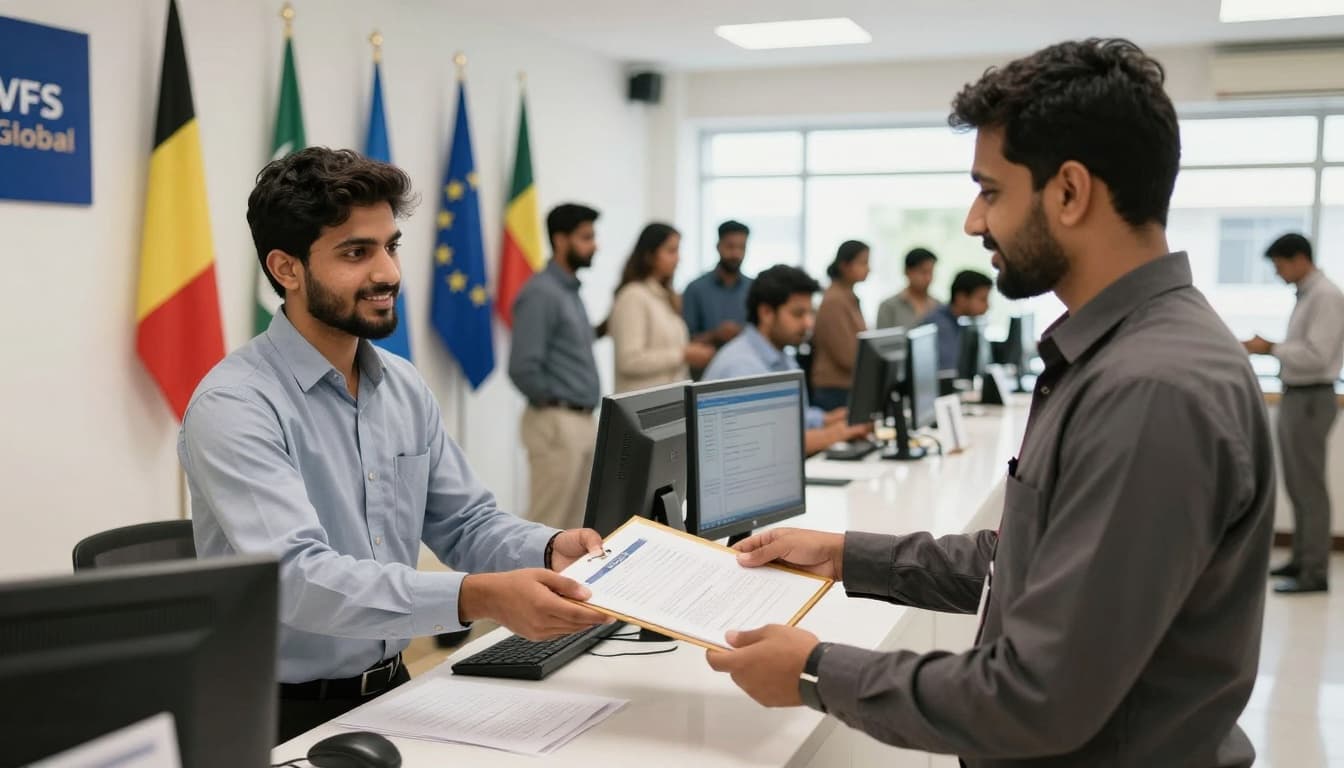 A young Pakistani man hands a folder of documents to a smiling female staff member at a busy VFS Global visa application counter in Pakistan, with Belgian and EU flags on the wall, computer screens, and a queue in the background.