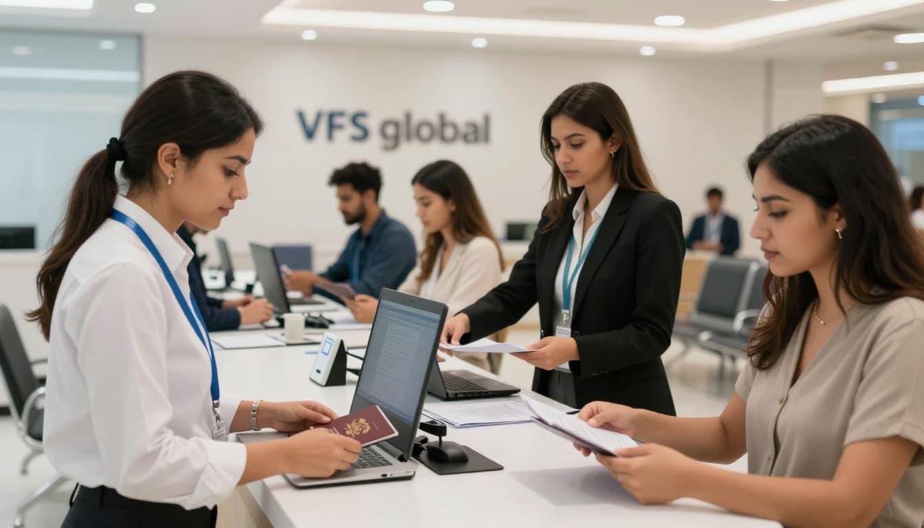 Inside a modern VFS Global visa application center in the UAE, diverse applicants submit passports and documents at counters while staff assists in a professional, clean environment with bright lighting and a waiting area.