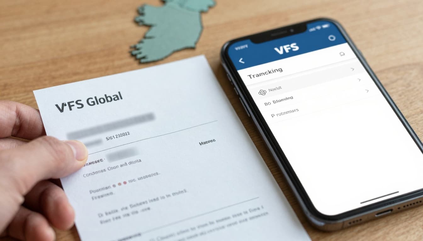 Close-up of a hand holding a VFS Global visa application receipt with blurred reference number, beside a smartphone screen showing the VFS tracking page, on a wooden table with soft lighting and subtle Ireland map background.