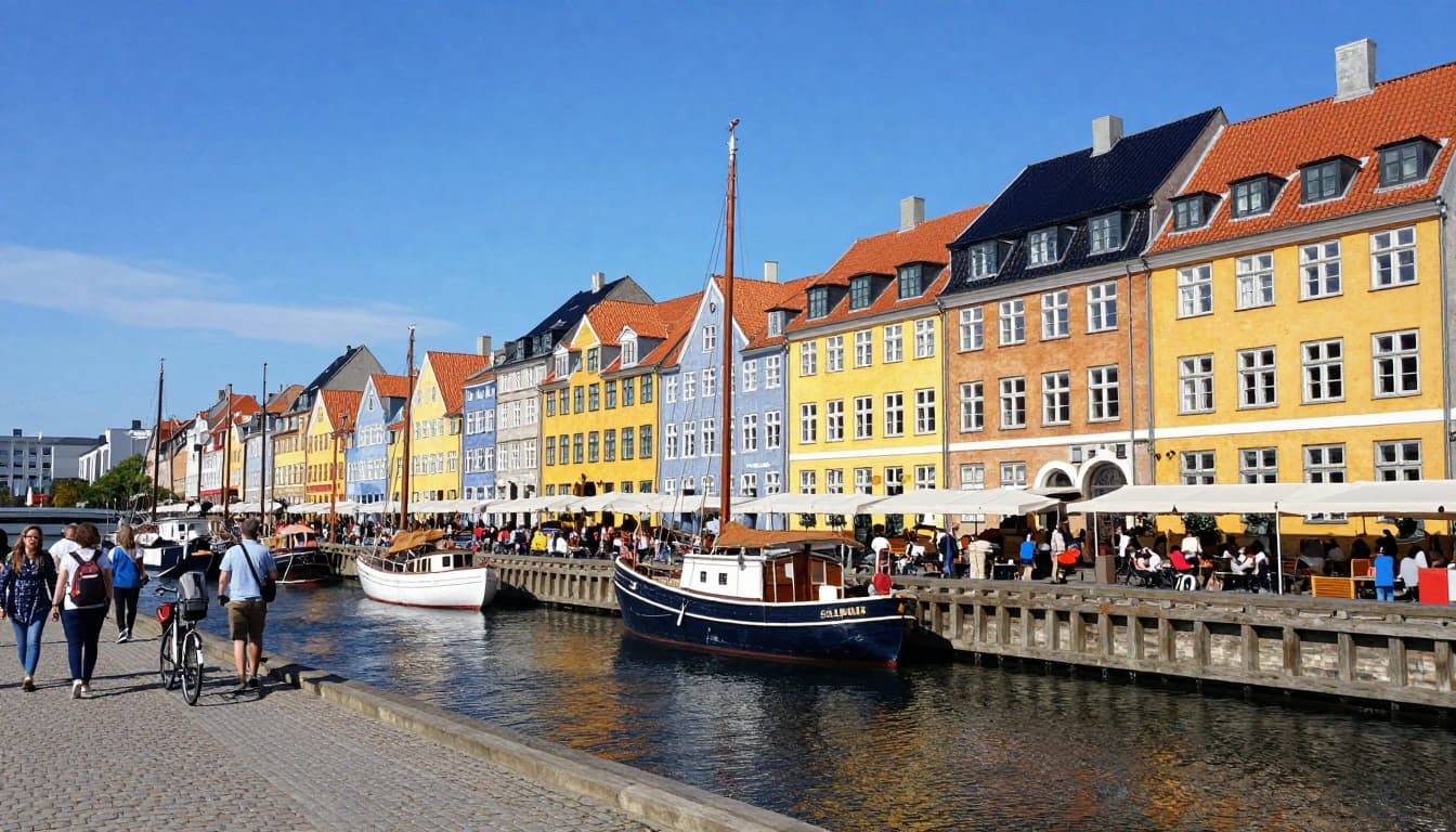 A vibrant landscape view of Copenhagen, Denmark, featuring the colorful Nyhavn harbor with boats, historic buildings, people along the canal, cobblestone street, and bicycles under a clear blue sky.