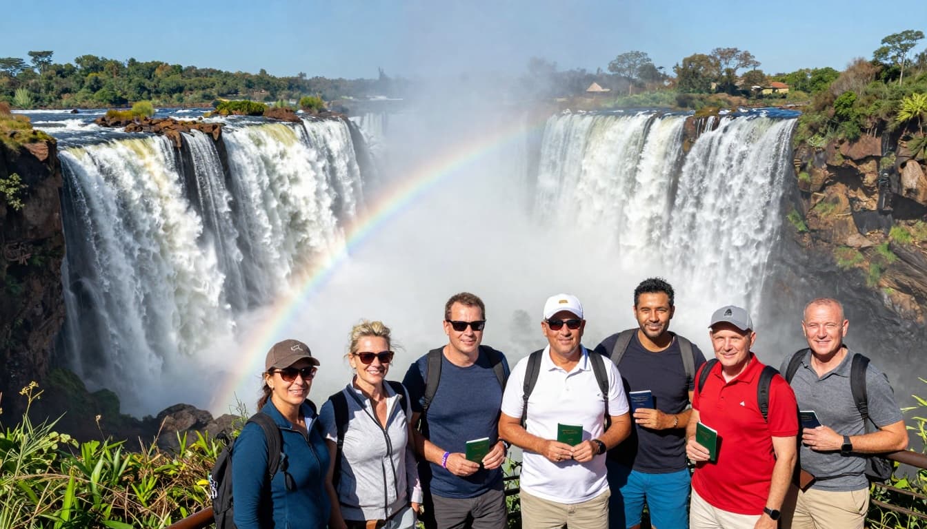 A stunning landscape view of Victoria Falls on the Zimbabwe side features massive misty waterfalls cascading down with rainbows in the mist and lush green rainforest surrounding. Excited tourists stand on a viewing platform in the foreground on a bright sunny African day.
