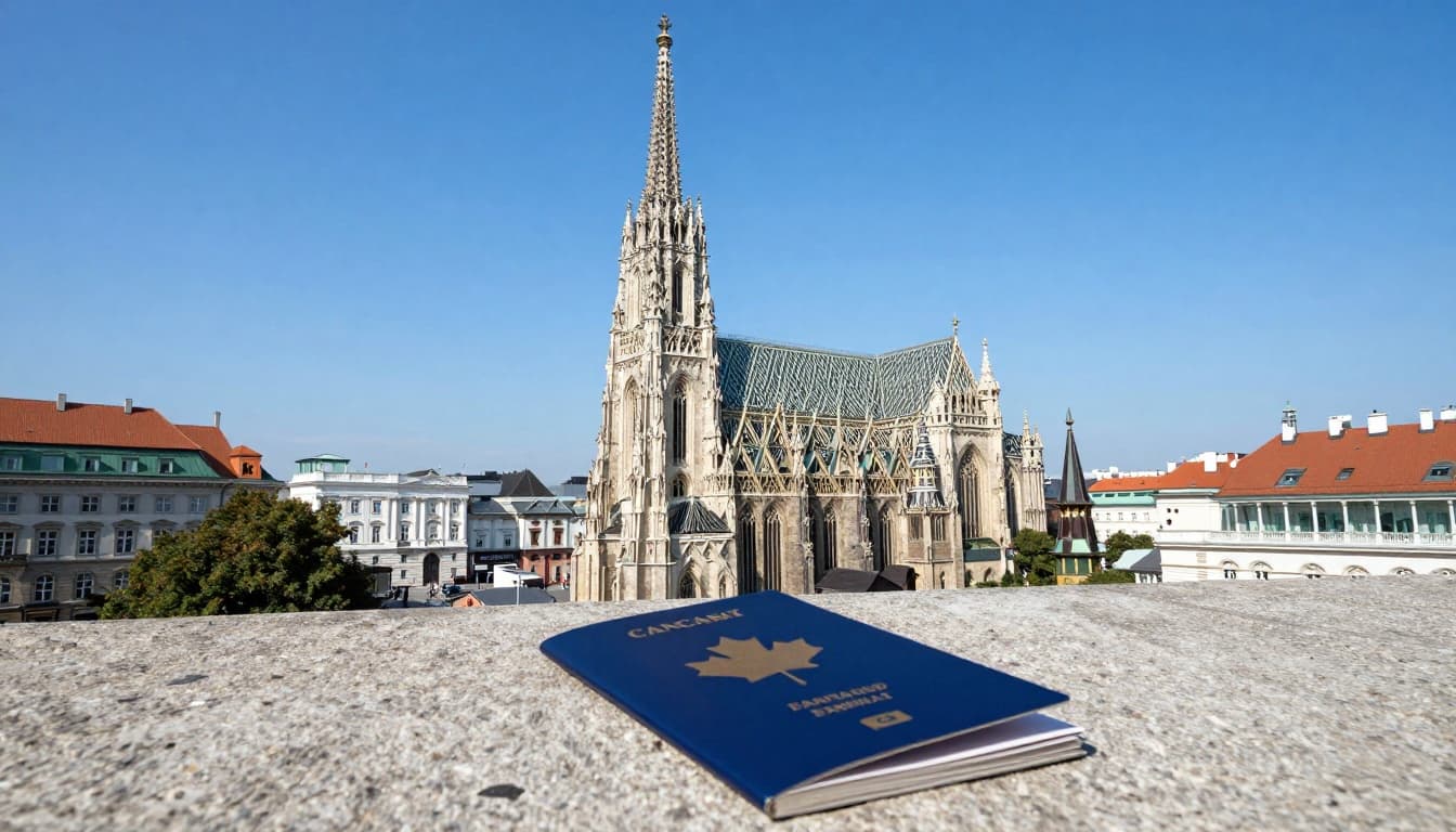 A scenic landscape view of Vienna, Austria, featuring St. Stephen's Cathedral and Hofburg Palace under a clear blue sky, with an open Canadian passport on a stone foreground.