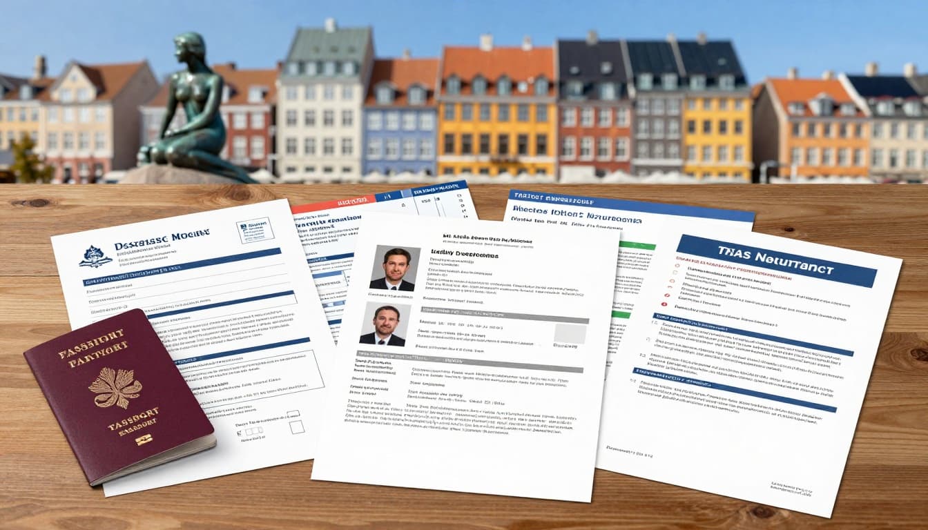 A detailed realistic illustration of a traveler's desk with spread-out visa application documents including passport, photos, tickets, bookings, statements, and insurance, featuring subtle Danish landmarks like the Little Mermaid and Nyhavn canal in the background under a clear blue sky.