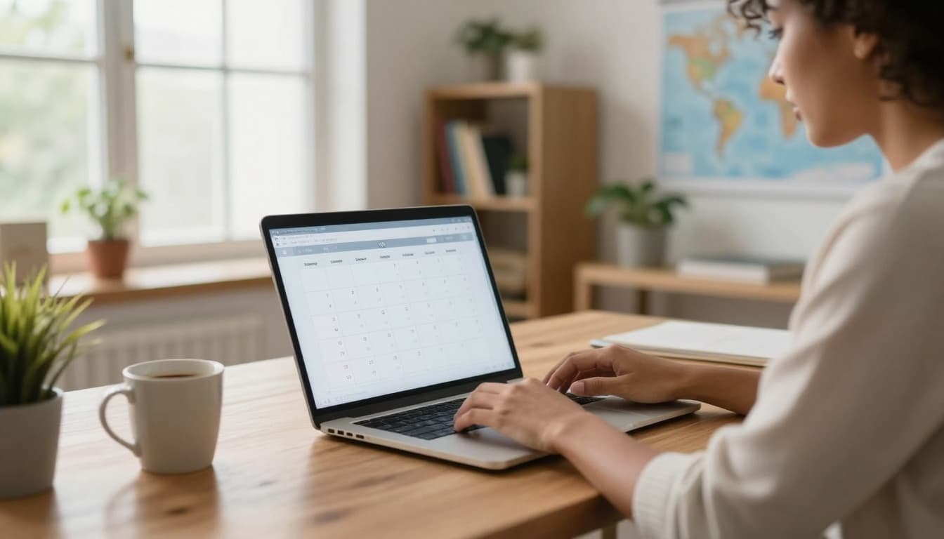 A focused person sits at a wooden desk in a bright home office, reviewing a digital calendar on a laptop for visa appointment slots. The room features natural daylight from large windows, desk plants, a coffee mug, bookshelves, and a world map poster.
