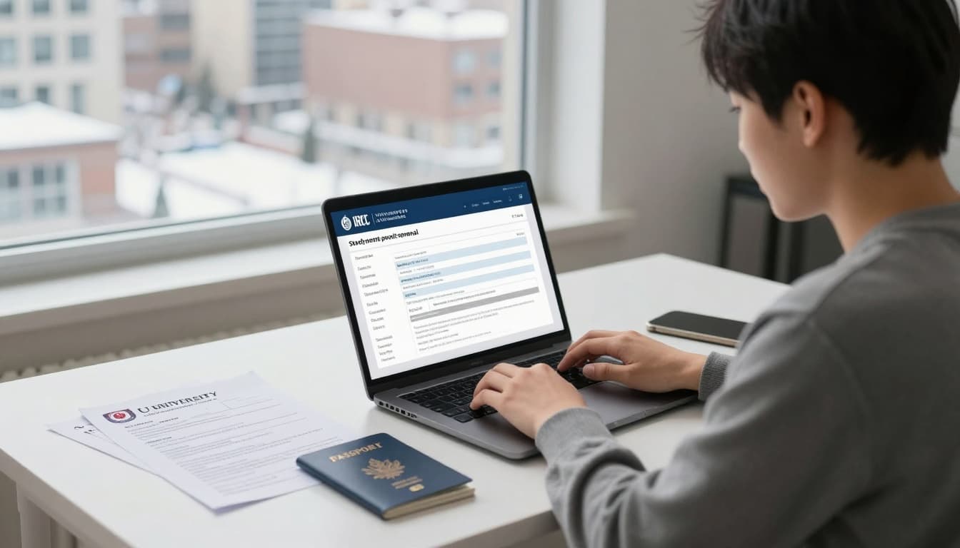 A young international student of Asian descent sits at a modern desk in a bright Canadian apartment, typing on a laptop displaying an IRCC study permit renewal form. Nearby are a valid passport, university enrollment letter, bank statements, and a digital photo, with soft natural light from a window revealing a snowy Toronto skyline.