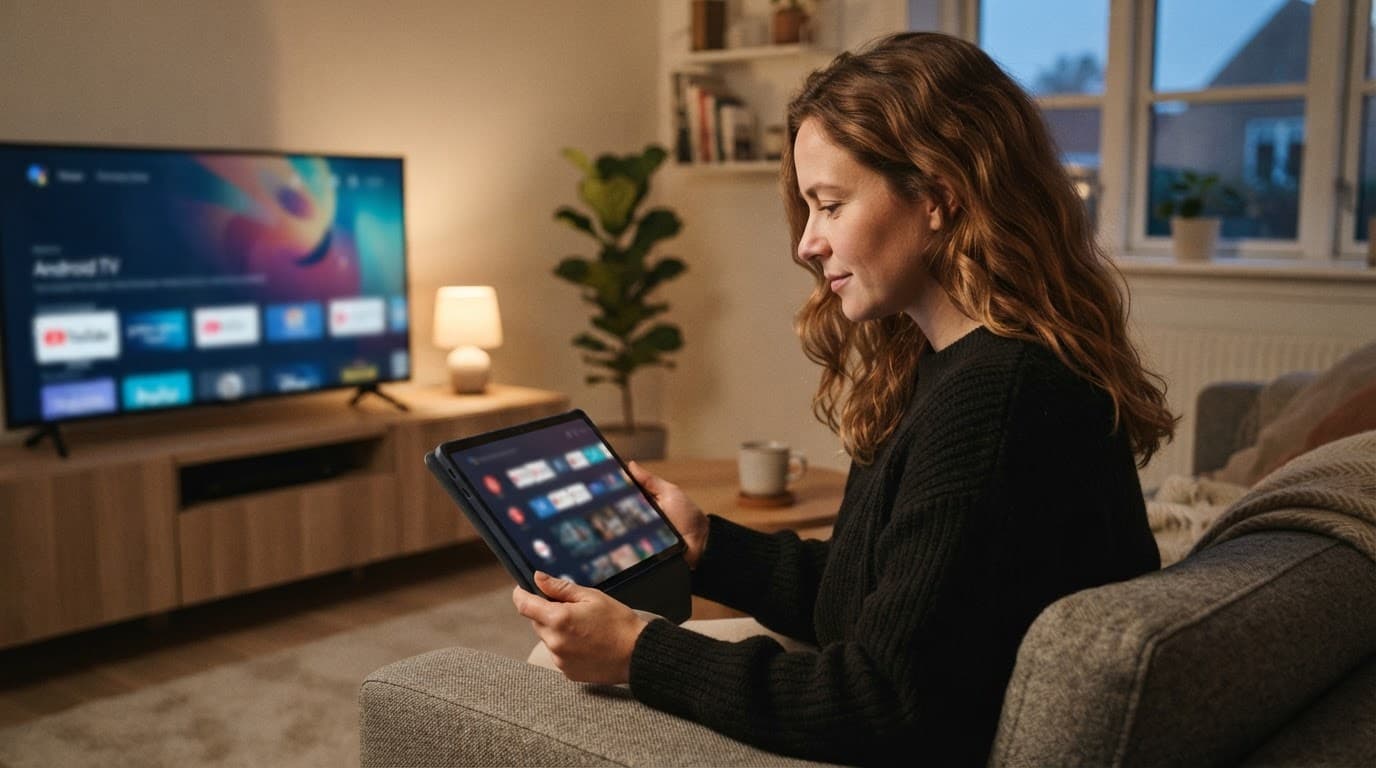 A viewer compares IPTV options on a tablet beside an Android TV.