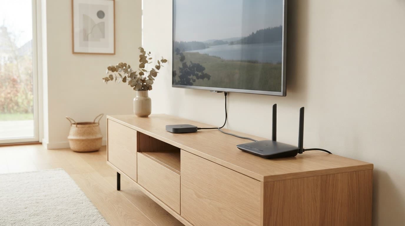 A TV, Android streamer, router, and Ethernet cable arranged on a living room console.