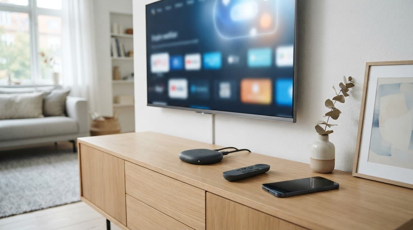 A TV, streaming device, remote, and phone arranged on a living room console.