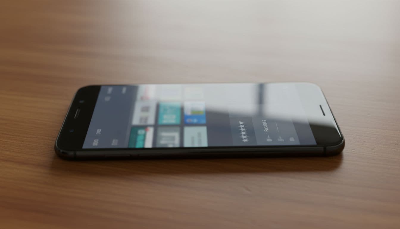 Smartphone in landscape on wooden desk shows blurred TV app with channel categories, groups, and starred favorites.