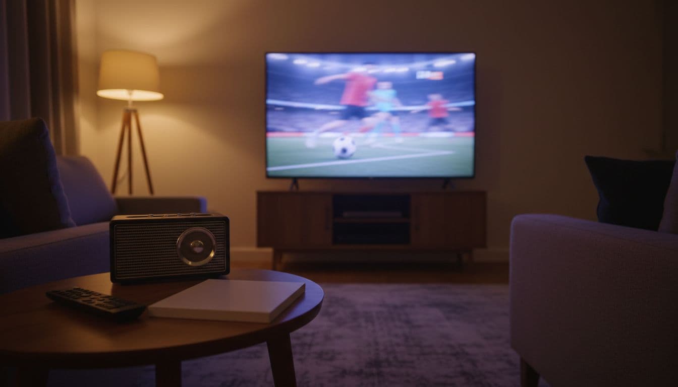 TV screen shows blurred live sports with side table holding streaming remote, radio speaker, and DVD case under warm lamp.