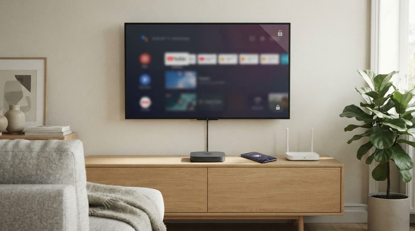 Android TV and smartphone on a media console with a router and padlock symbol.