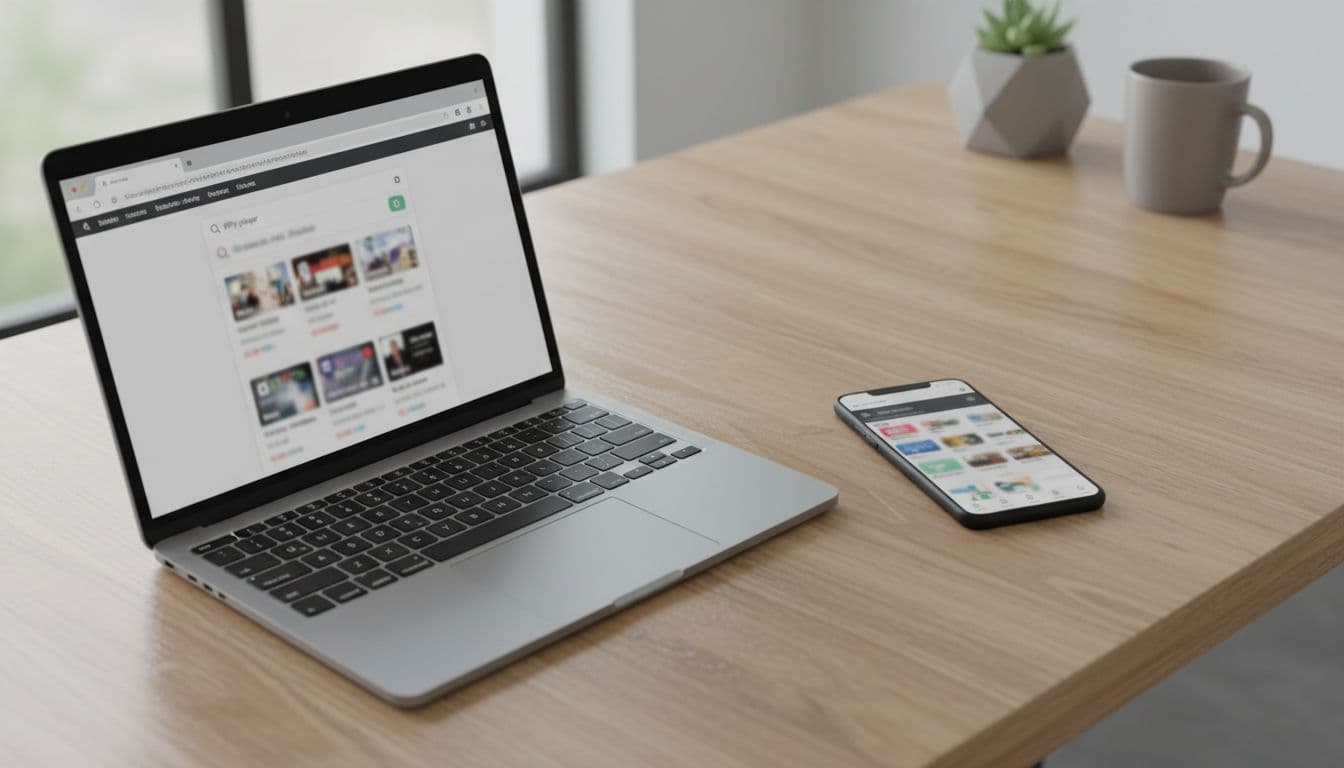 Smartphone lies flat on wooden desk next to laptop, phone screen shows blurred app store search for IPTV player.