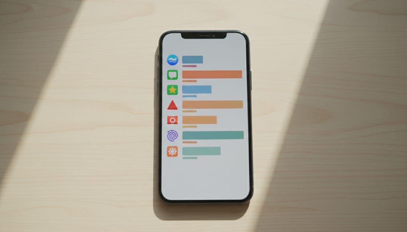 Top-down view of smartphone on desk showing channel icons list on one side and program schedule grid on the other.