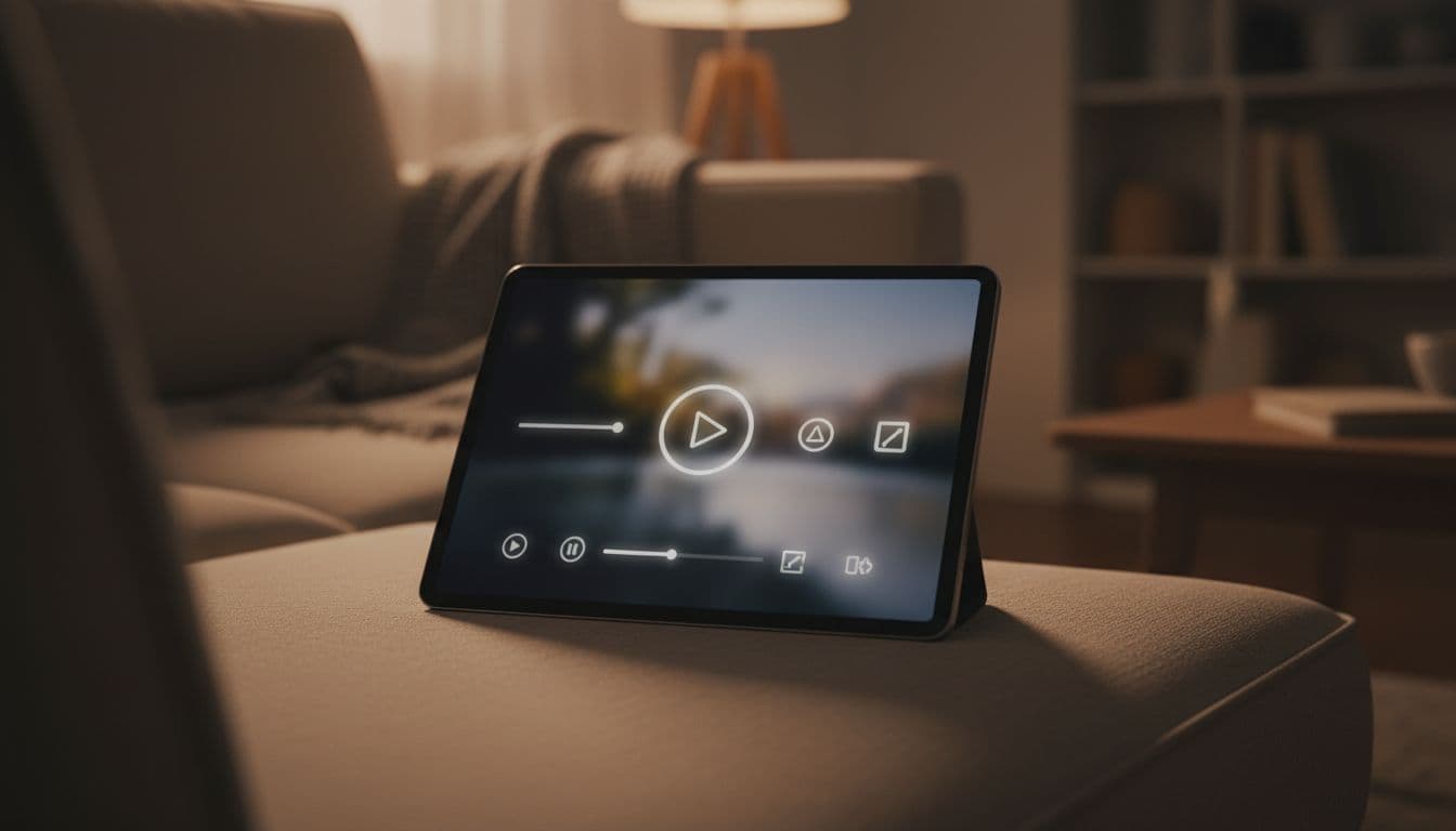 Tablet rests on couch cushion in living room, screen shows blurred video player with indistinct playback controls, subtitles, and rotation icons.