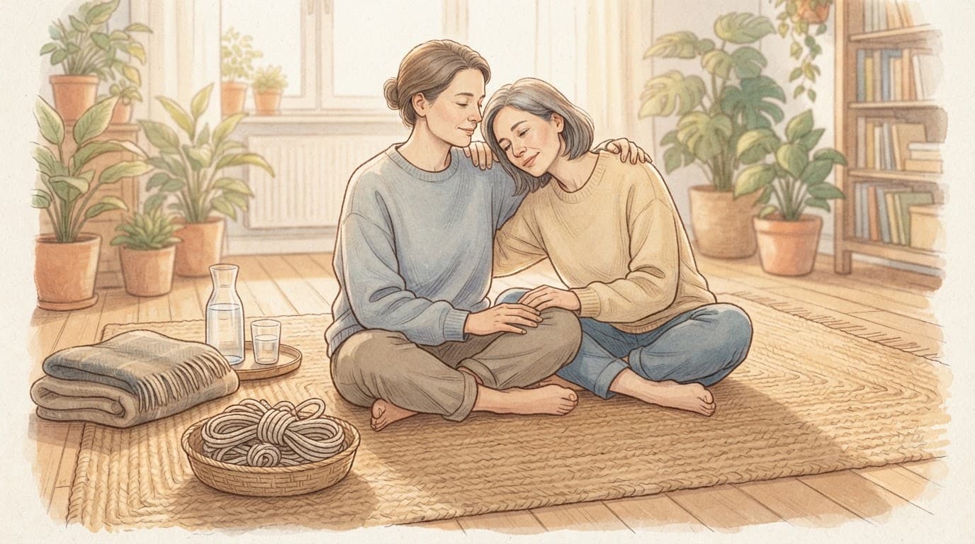 Deux adultes assis sur un tapis, avec des cordes rangées, une couverture et un verre d'eau.