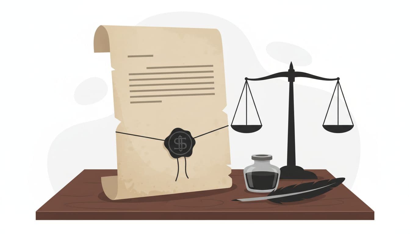 Folded document with seal centered on dark wooden table, quill and ink nearby, blurred justice scales in background.