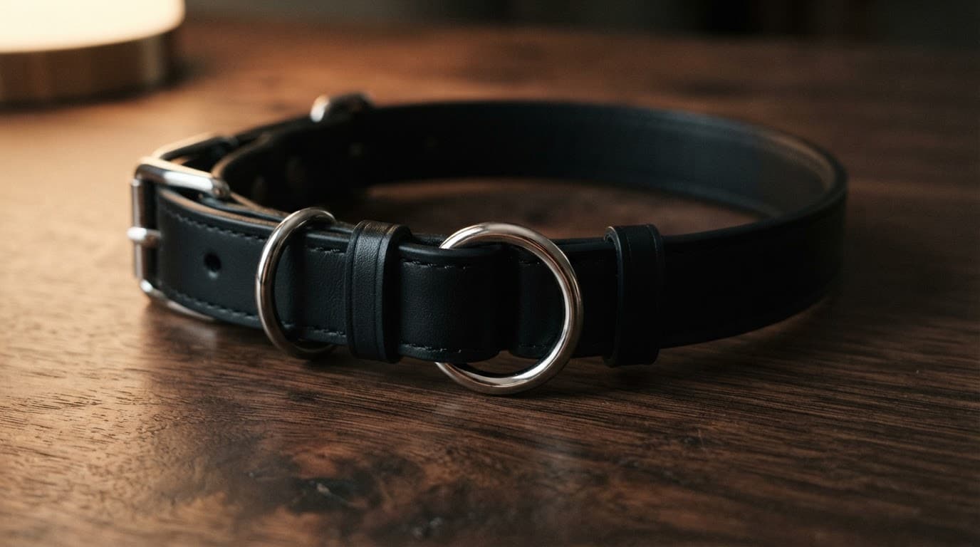 Un collier en cuir noir repose sur une table en bois sombre.