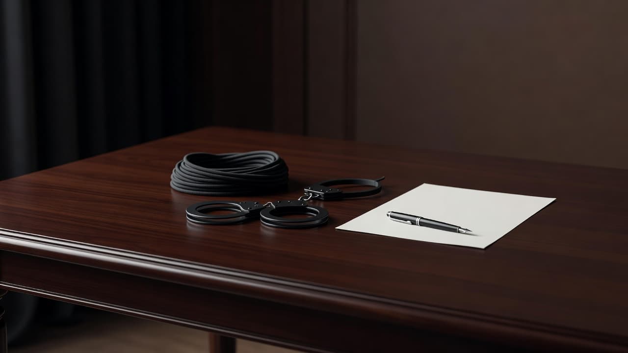 A polished wooden table sits in a dimly lit, serene room designed for professional consultation. Discreet symbolic items rest on the surface, emphasizing an atmosphere of trust, preparation, and mutual respect.