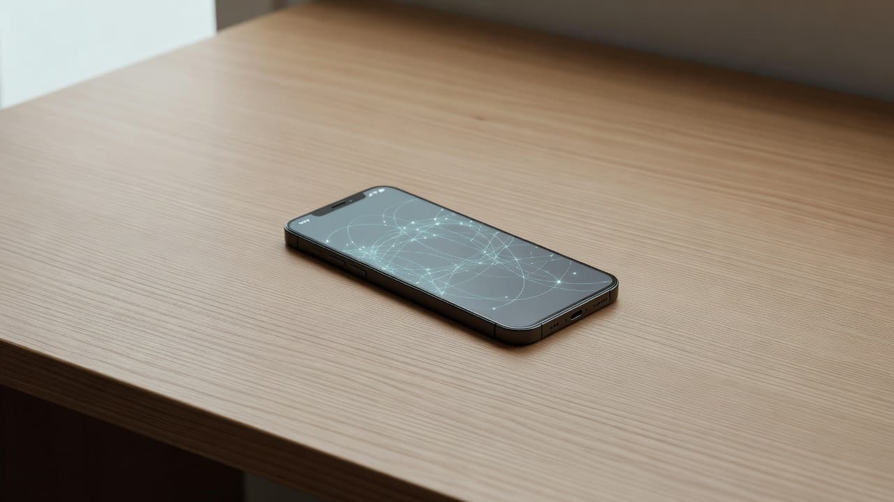 Un smartphone professionnel sur un bureau en bois avec une lumière douce.