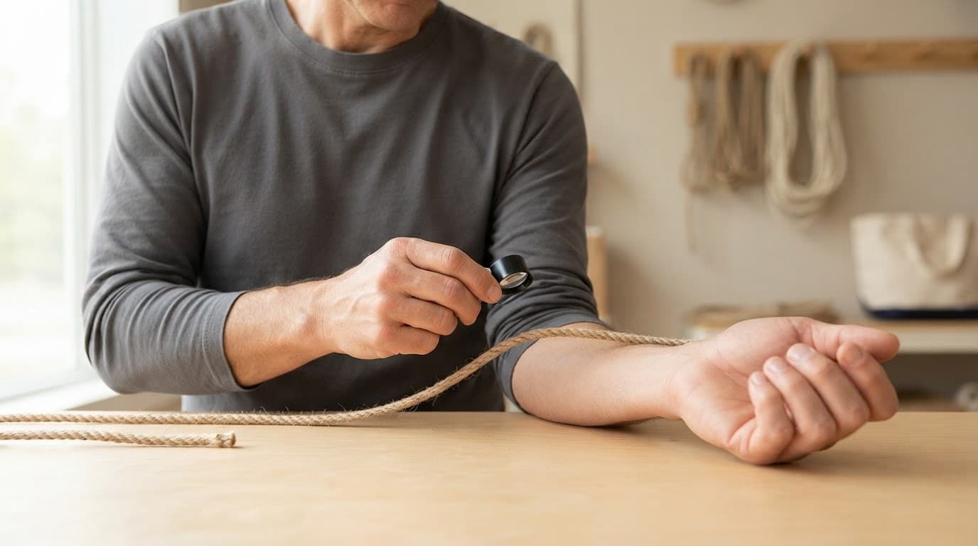 Une personne examine une corde et son avant-bras avec une loupe.