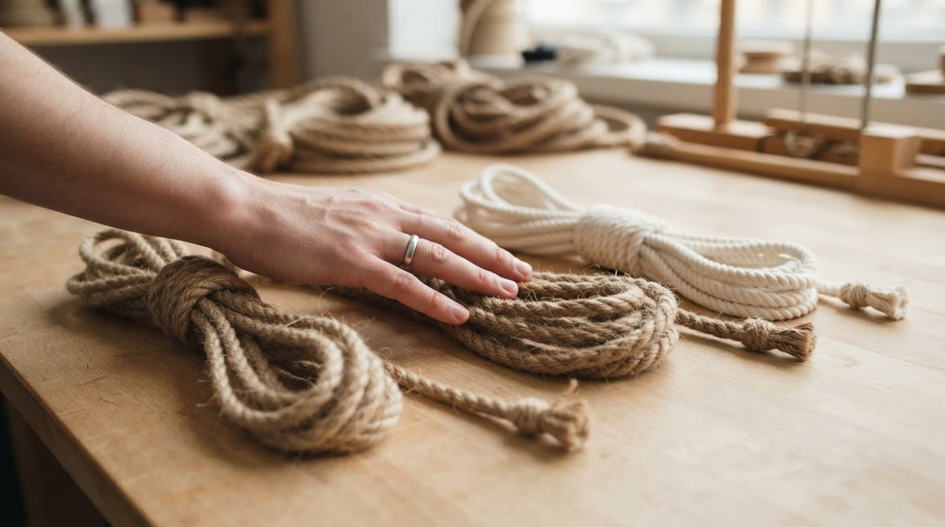 Trois cordes en chanvre, jute et coton sont touchées par une main sur une table claire.