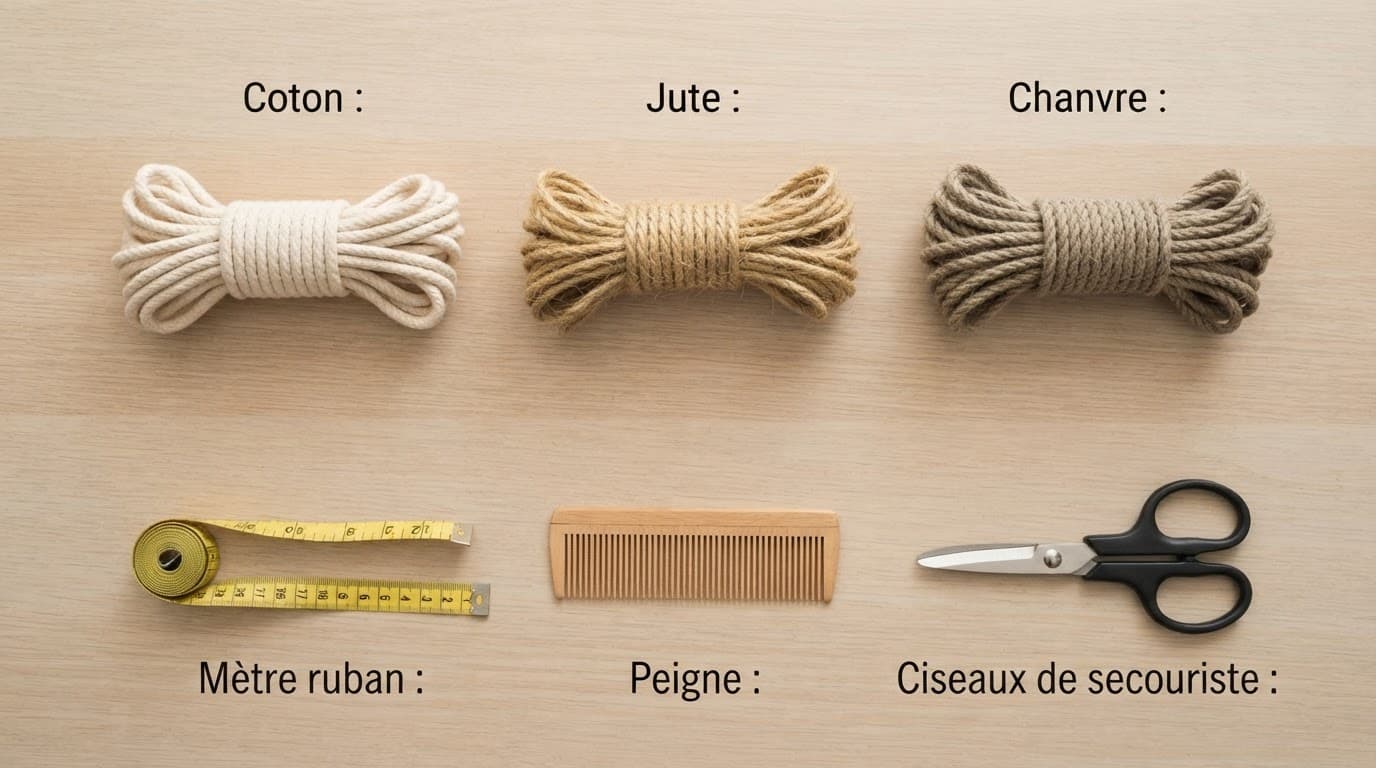 Trois cordes de shibari et des outils de sécurité sur une table en bois.
