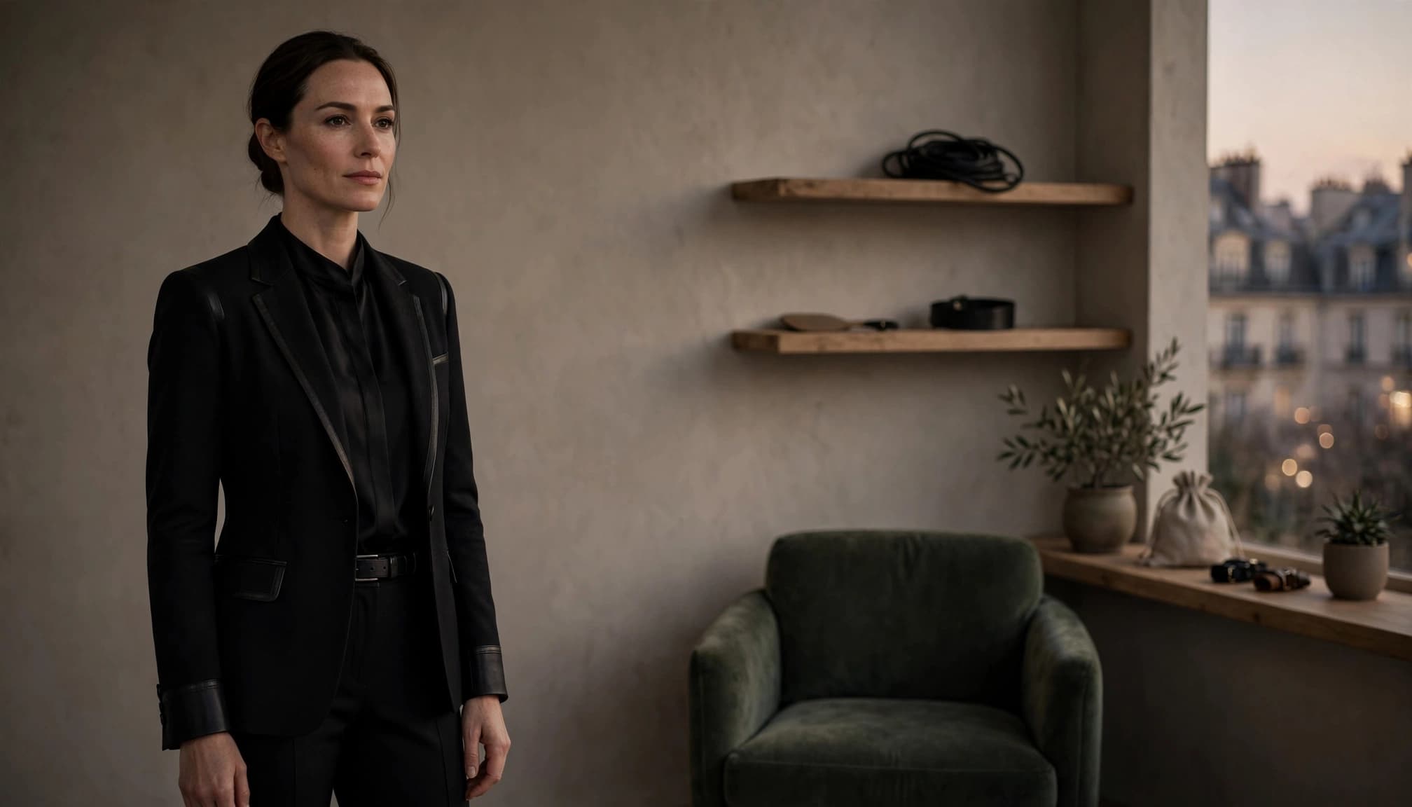Une femme en tenue noire se tient calmement dans un studio minimaliste, avec un fauteuil et des accessoires discrets en arrière-plan.