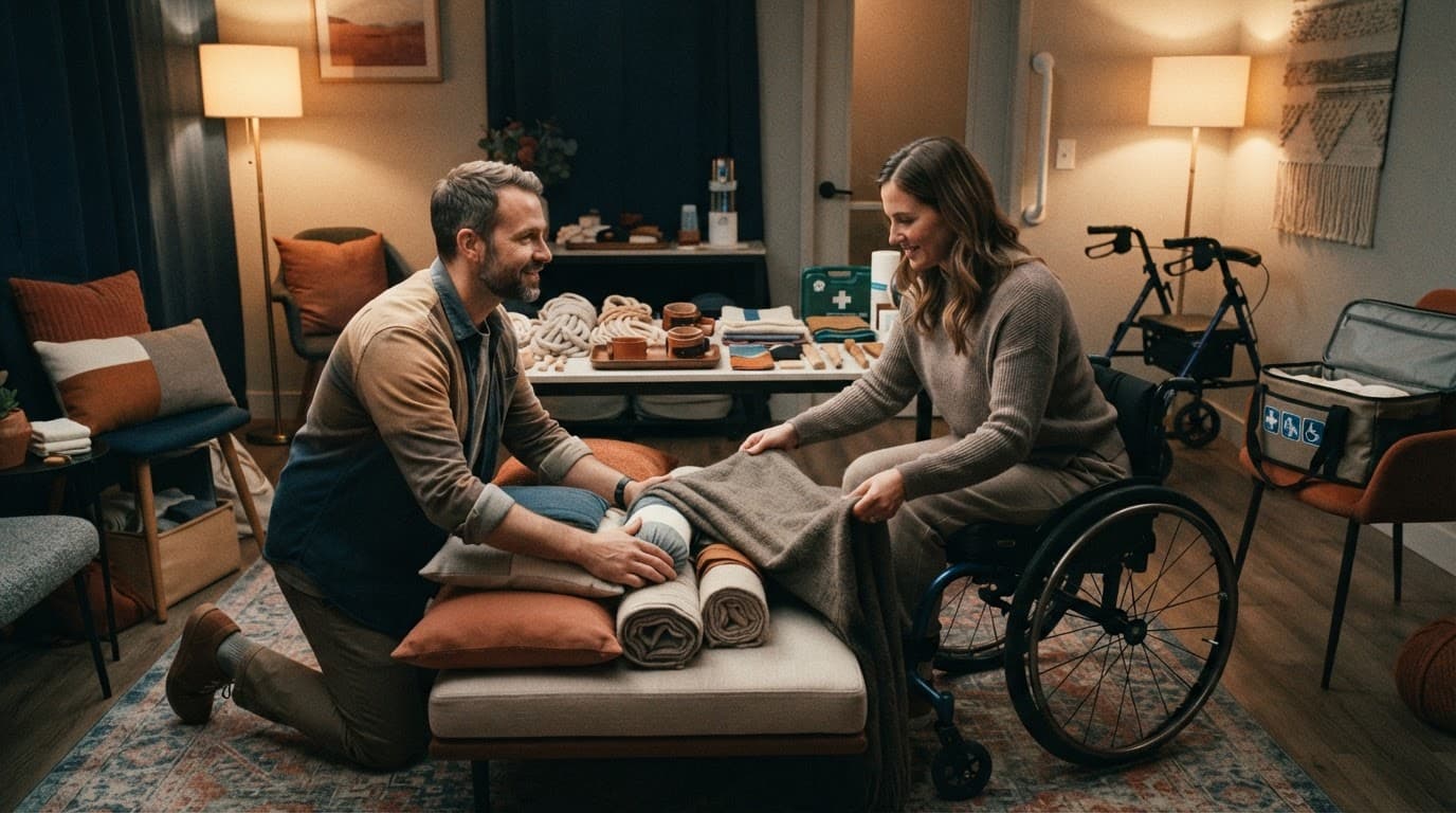 Deux adultes aménagent un espace BDSM avec fauteuil roulant et coussins de positionnement.