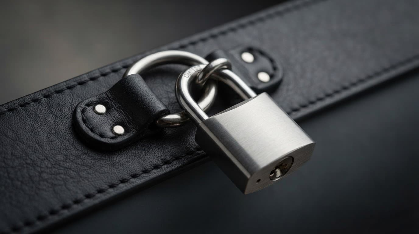 Cadenas métallique fixé à un anneau en D sur une lanière de cuir.