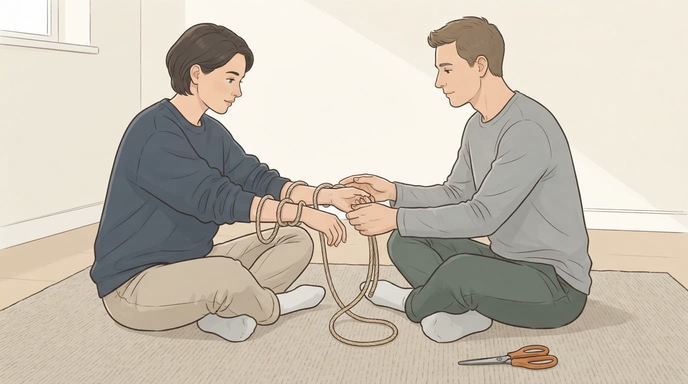 Deux adultes apprennent le shibari au sol avec des cordes souples et des ciseaux à portée de main.