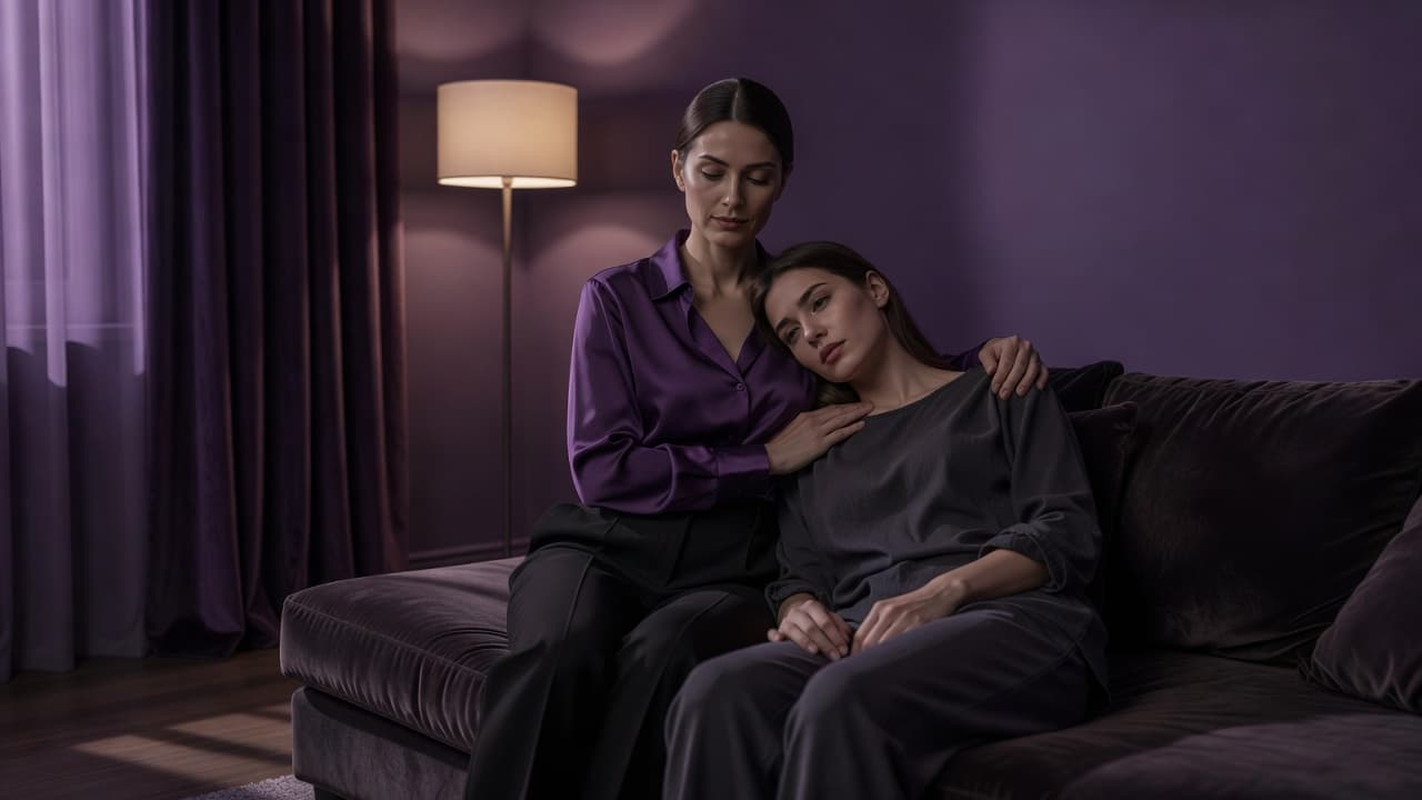 Two individuals sit in a dimly lit room bathed in deep violet shadows. The soft ambient glow highlights their calm expressions, emphasizing a secure bond and peaceful post-practice atmosphere.