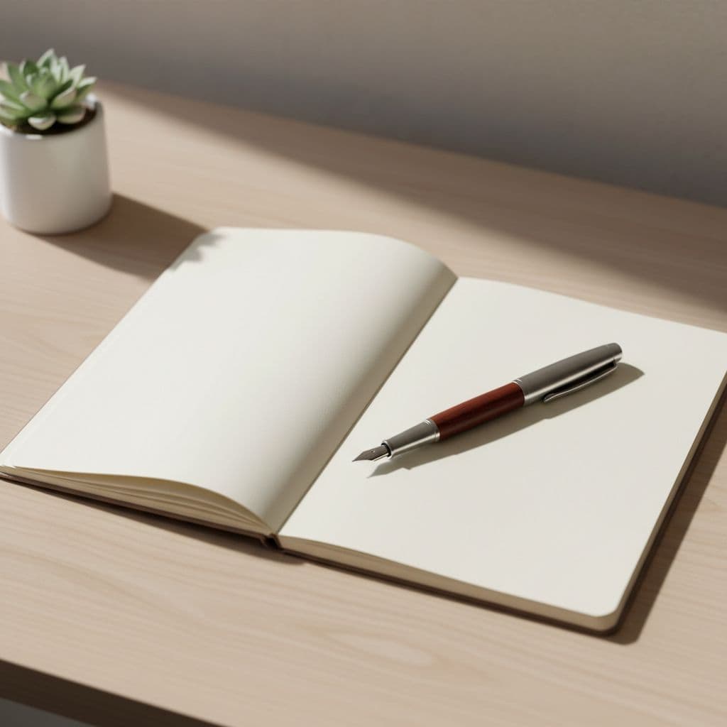 An open notebook and a sleek pen rest on a clean, minimalist wooden desk surface.
