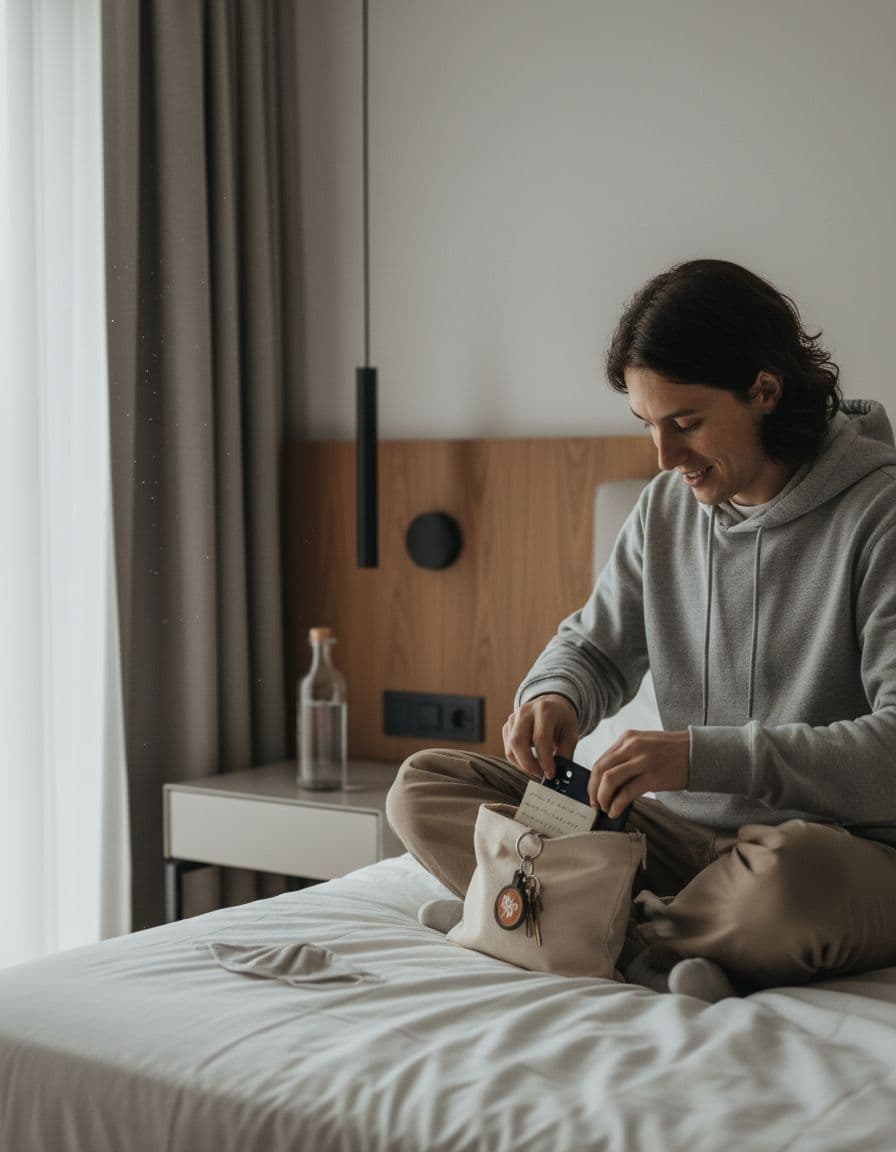 A nervous individual sits on a bed in a modern, minimalist bedroom, packing a bag with phone, keys, and notes for their first evening outing to a munch, showing a concentrated yet excited expression.