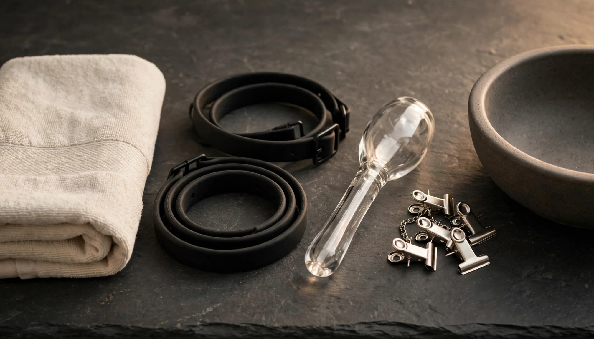 Des accessoires BDSM propres sont disposés près d'un lavabo, sur une surface sombre.