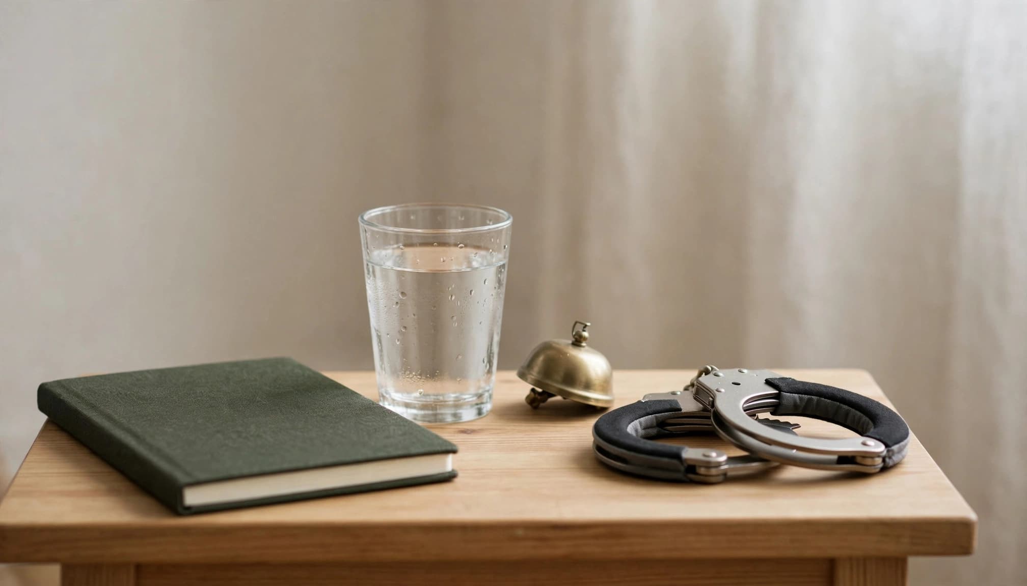 Un carnet fermé, un verre d'eau, une clochette et des menottes rembourrées sur une table.